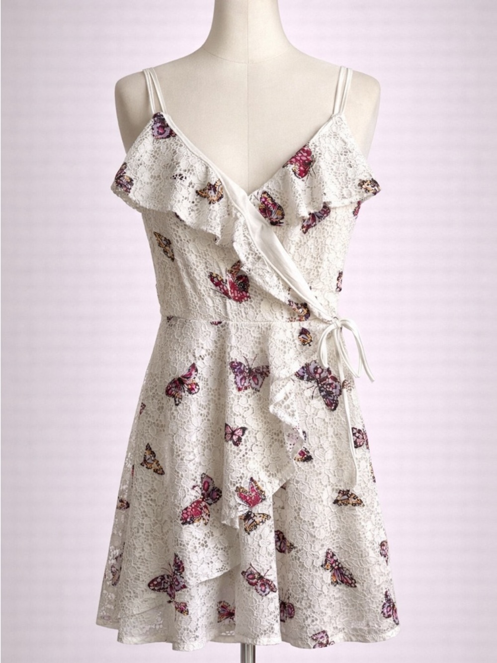 love, Fire White Lace Butterfly Embroidered Wrap Dress